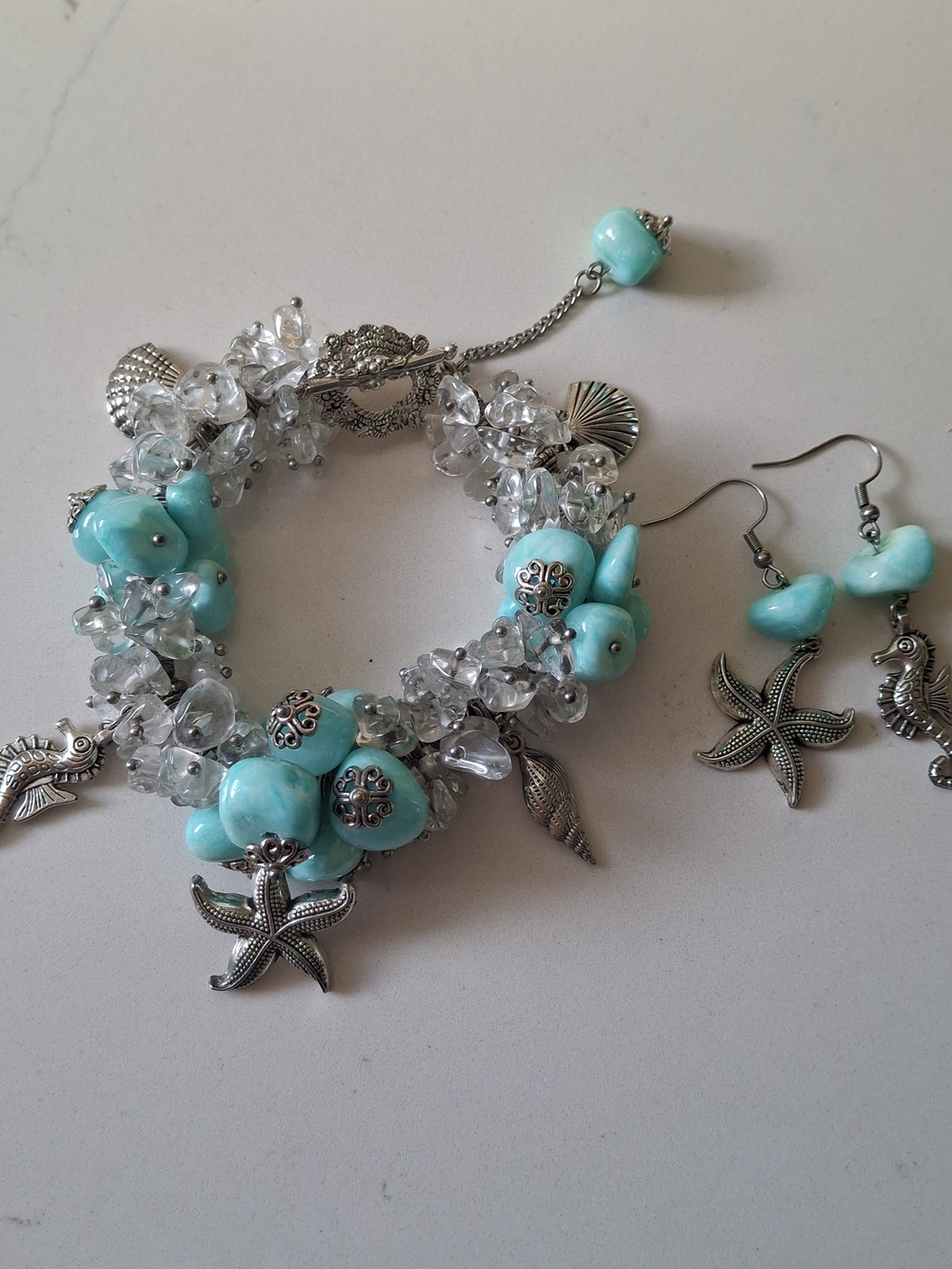 2-Pc Handcrafted Clear Quartz & Aqua Blue Beaded Beach Charm Bracelet & Earrings